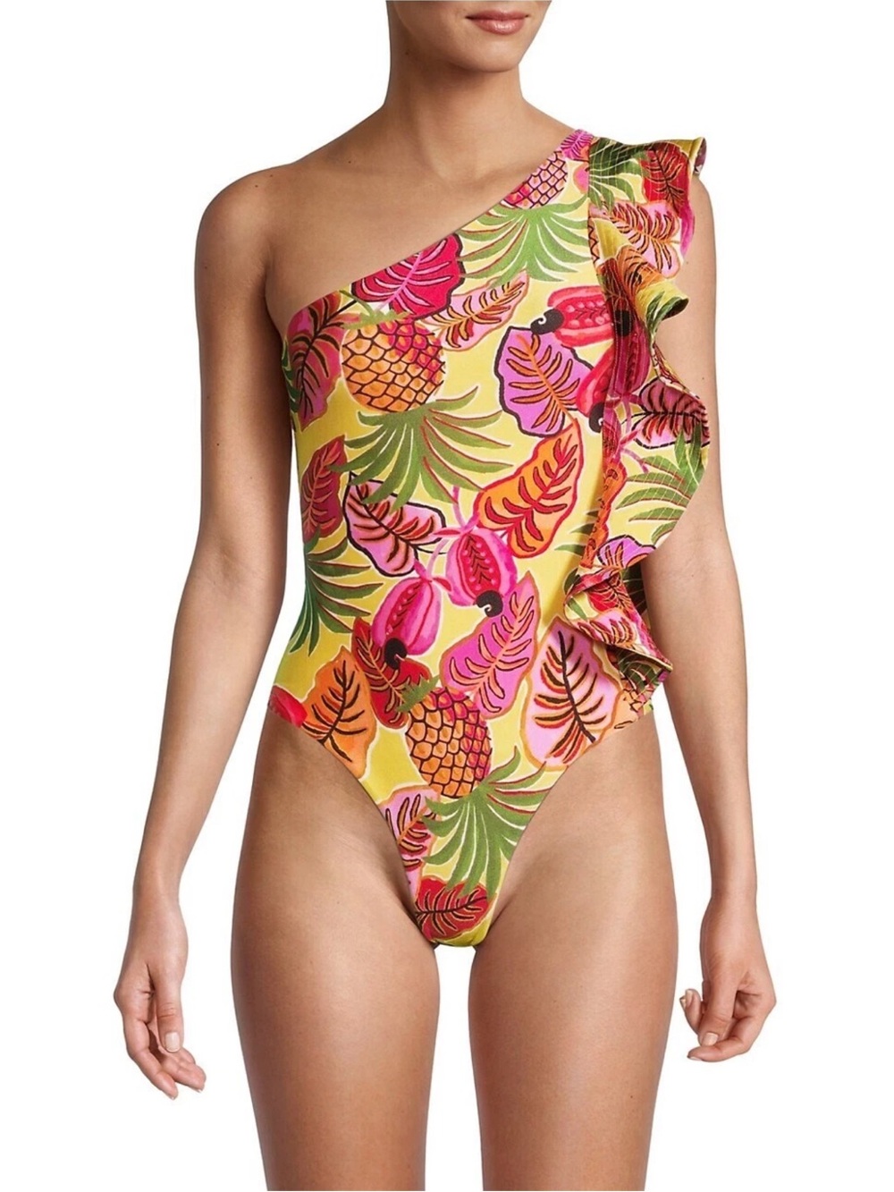 Farm Rio Fruit Dream One Piece Tropical Pineapple One-Shoulder Swimsuit Size XS